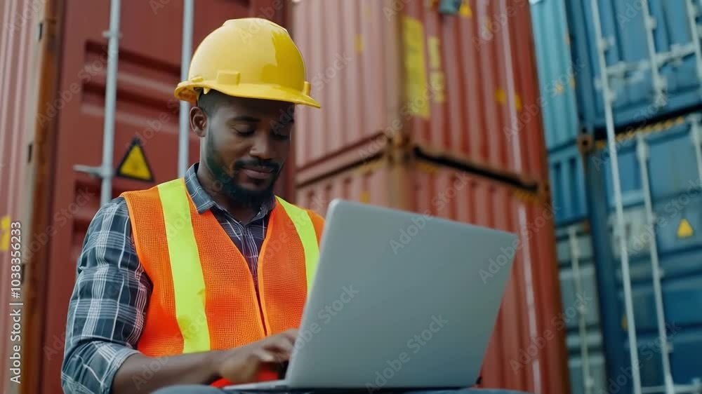 Efficient worker in safety gear using laptop among shipping containers in construction site Efficient worker in safety gear using laptop among shipping containers in construction site