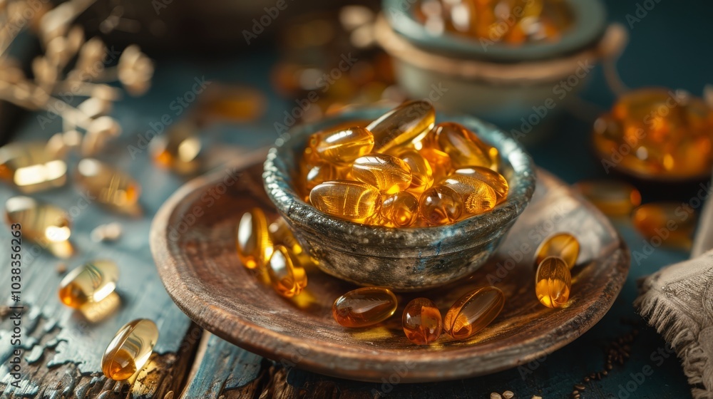 Omega-3 fish oil capsules on a dark wooden background. selective focus. Generative AI, Omega-3 fish oil capsules on a dark wooden background. selective focus. Generative AI,