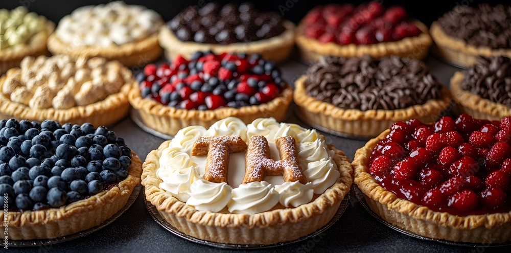 A variety of colorful fruit tarts displayed elegantly for a dessert setting. A variety of colorful fruit tarts displayed elegantly for a dessert setting.