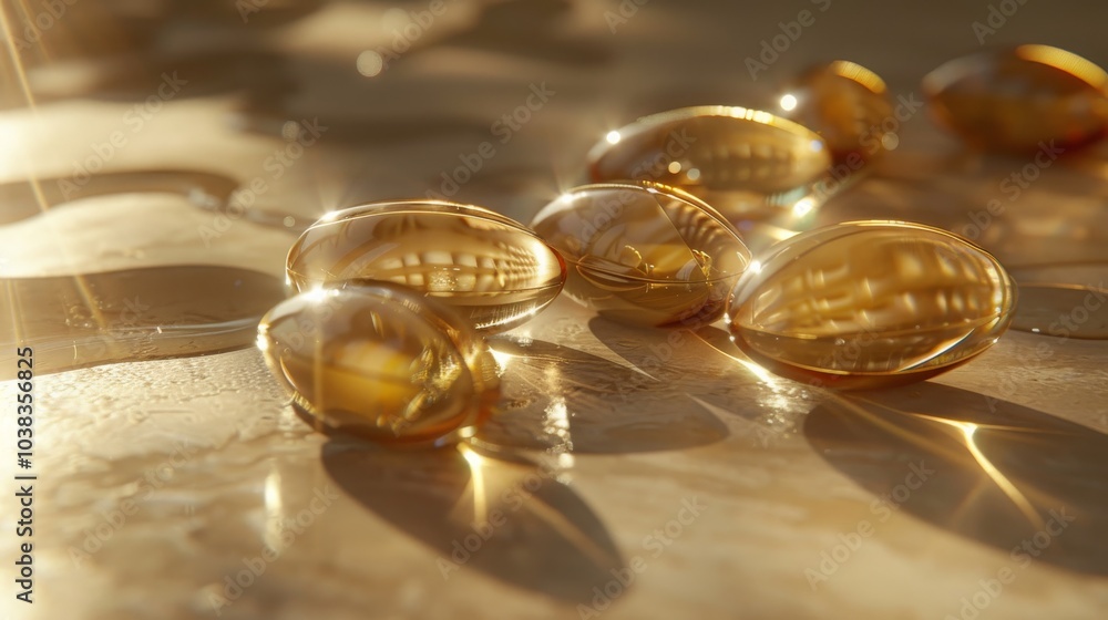 Omega-3 fish oil capsules on a dark wooden background. selective focus. Generative AI, Omega-3 fish oil capsules on a dark wooden background. selective focus. Generative AI,