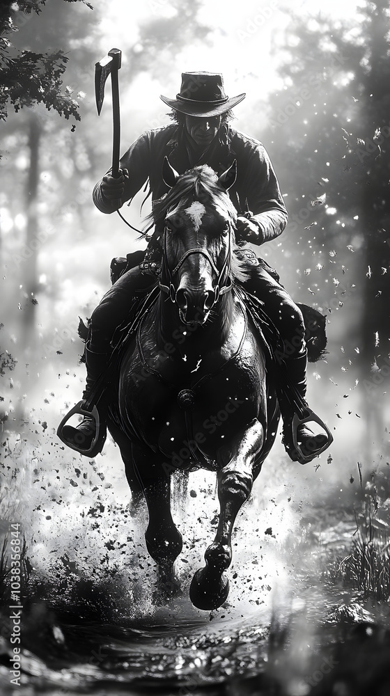 Fototapeta premium Equestrian Rider in Dramatic Black and White Scene
