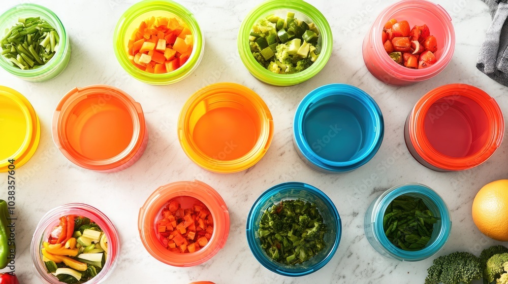 Colorful Containers with Fresh Ingredients on Counter Colorful Containers with Fresh Ingredients on Counter