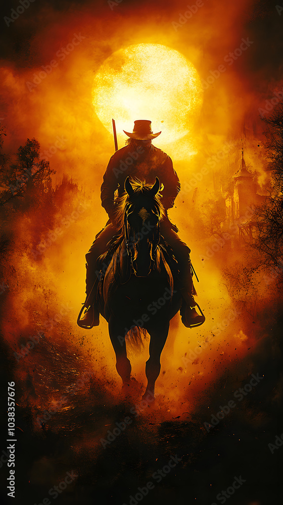 Naklejka premium Mysterious Rider Against a Fiery Sunset