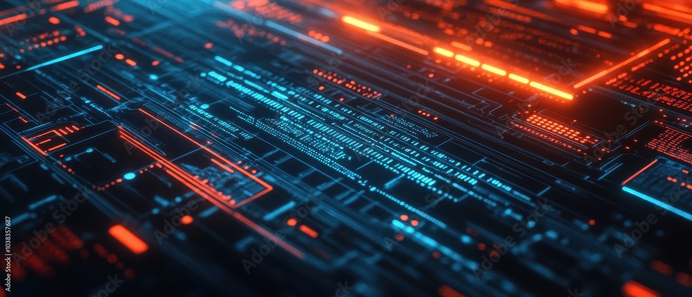 Futuristic Neon Circuit Board with Red and Blue Glowing Lines. Futuristic Neon Circuit Board with Red and Blue Glowing Lines.