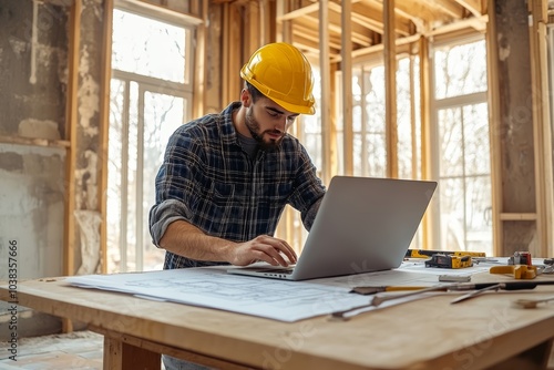 Young male construction worker in a yellow hard hat working on a laptop at a site.