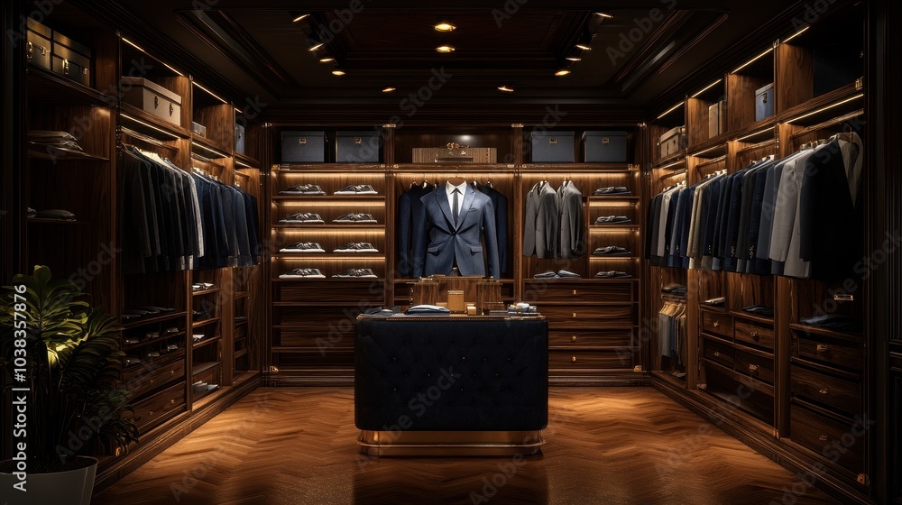Clothing boutique with luxury male wardrobe full of expensive suits. Clothing boutique with luxury male wardrobe full of expensive suits.