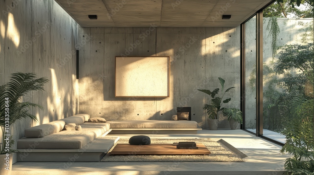 Fototapeta premium Minimal modern interior living room, with concrete walls in style of brutalism, sofa and plants. Generative AI