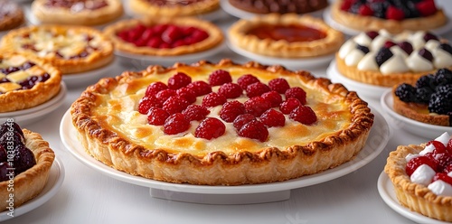 A variety of fruit tarts displayed on white plates, showcasing vibrant colors and textures.