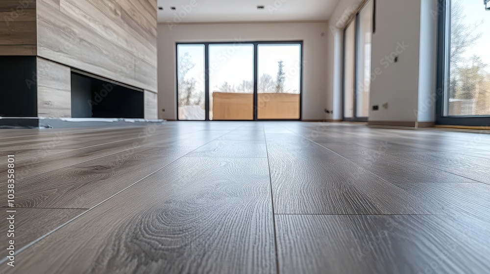 Obraz premium Laminate Flooring Installation. Home Renovation. Man Installing Laminate Floor Planks, Creating a Beautiful Wooden Floor.