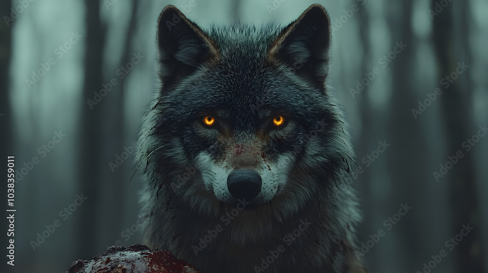 Majestic Wolf with Intense Eyes in Dark Forest Majestic Wolf with Intense Eyes in Dark Forest