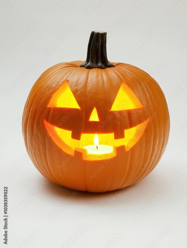 Lit Jack-o'-lantern Pumpkin with Candle on White Background for Halloween Lit Jack-o'-lantern Pumpkin with Candle on White Background for Halloween