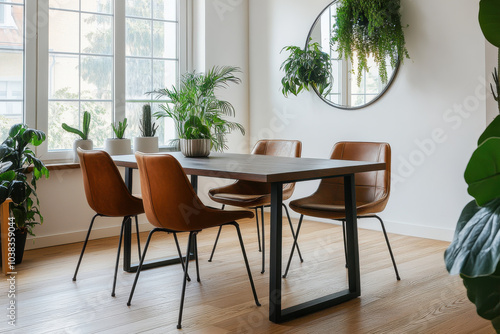 modern dining area featuring sleek wooden table surrounded by stylish brown chairs. Lush green plants add refreshing touch, enhancing inviting atmosphere