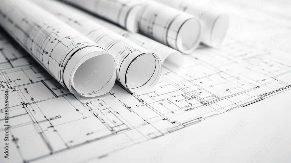 Rolled architectural blueprints creating a professional and organized workspace scene. Rolled architectural blueprints creating a professional and organized workspace scene.