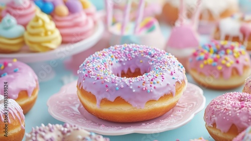 Purple Glazed Donut with Sprinkles on Pink Plate and Blue Background, Close-up