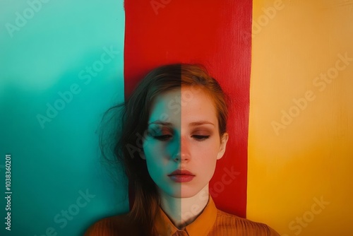 Minimalist portrait with the subject surrounded by an optimistically rich palette of red, dark turquoise, brown, pale yellow, and blue shades photo