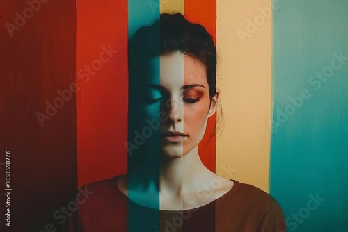 Minimalist portrait with the subject surrounded by an optimistically rich palette of red, dark turquoise, brown, pale yellow, and blue shades photo