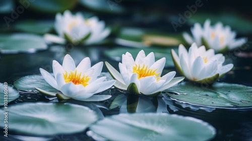 Water Lily Flowers Floating on a Serene Pond, Their Delicate White Petals Reflecting in the Still Water, creating a Moment of Tranquility and Beauty