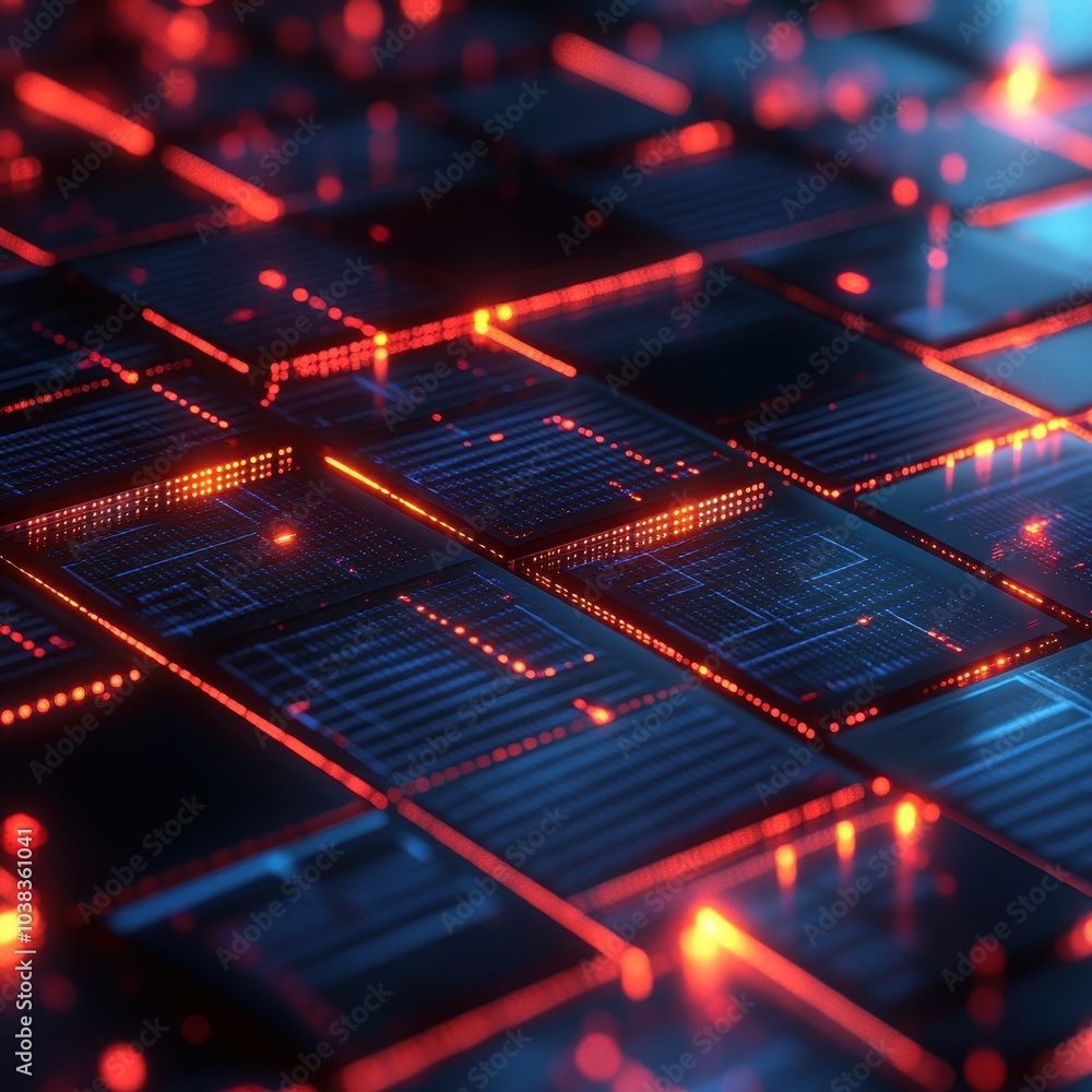 Obraz premium Abstract Red and Blue Digital Grid with Glowing Lights - Futuristic Technology Background