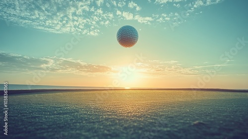 Golf ball flying over a golf course at sunset