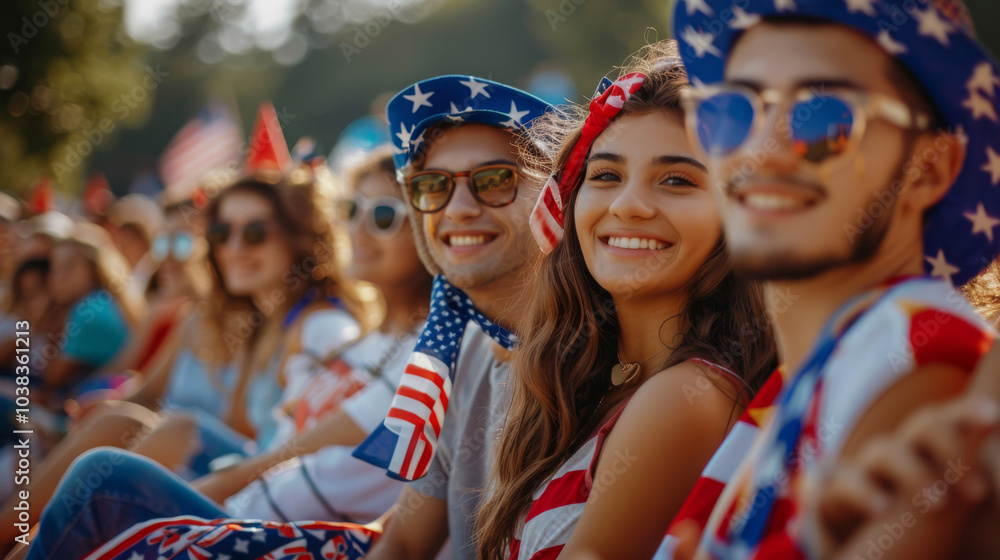 Group of Young Men and Women Sitting and Smiling, Wearing Clothing with American Flag Symbols, Celebrating Successful Elections Group of Young Men and Women Sitting and Smiling, Wearing Clothing with American Flag Symbols, Celebrating Successful Elections