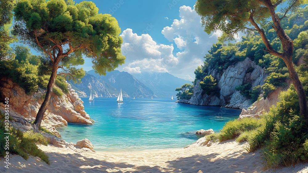 Fototapeta premium Tranquil Mediterranean tropical beach pristine waters shimmering under the midday sun soft sandy shoreline lined with vibrant greenery and dramatic cliffs with sailboats in the distance
