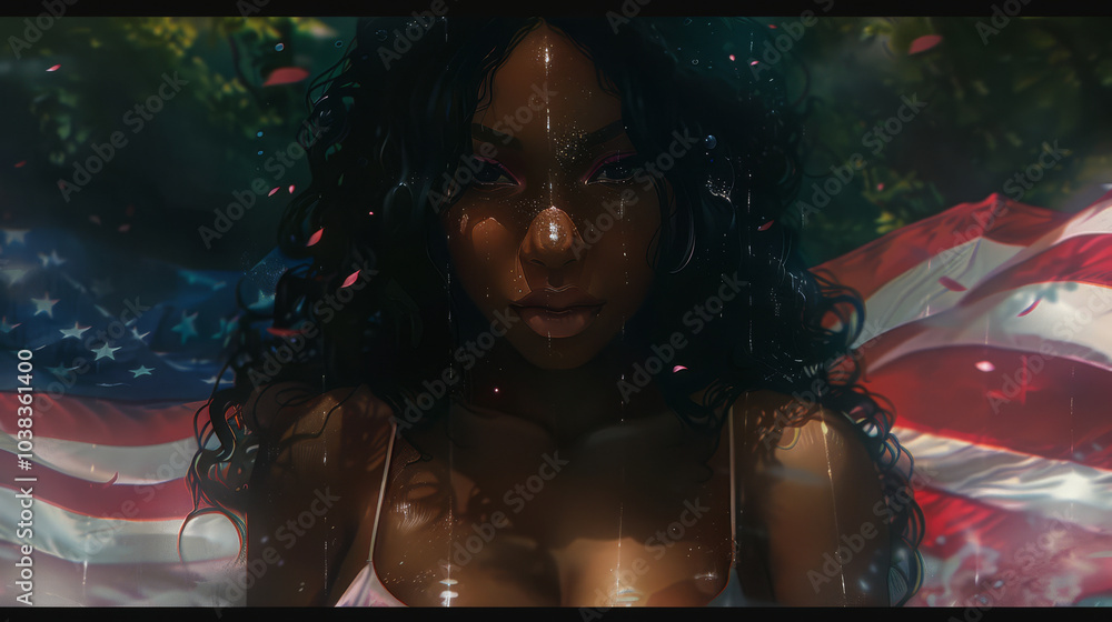 Fototapeta premium Illustration of a Black Woman against the American Flag Background