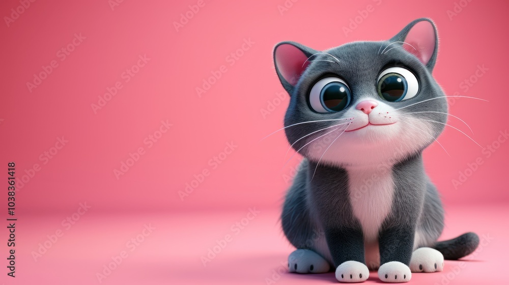 Adorable Cartoon Cat with Big Eyes Sitting on Pink Background Adorable Cartoon Cat with Big Eyes Sitting on Pink Background
