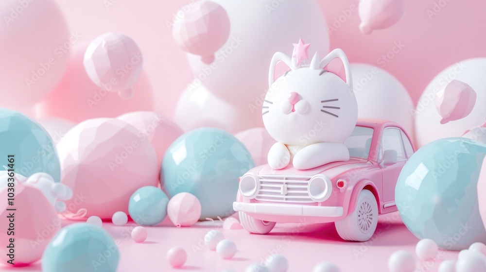 A Cute White Cat with a Pink Star on a Pink Car with Pastel Balloons A Cute White Cat with a Pink Star on a Pink Car with Pastel Balloons