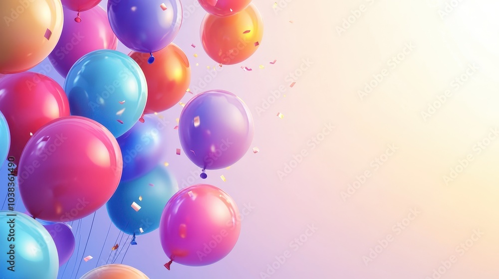 Colorful Balloons Floating in the Air with Confetti - Festive Birthday Background. Colorful Balloons Floating in the Air with Confetti - Festive Birthday Background.
