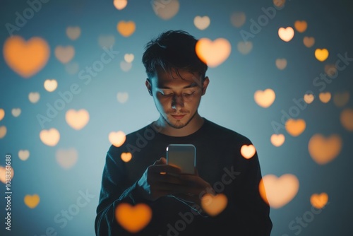 A man using a smartphone with social media likes icons floating around, in a minimalist style with clean lines and negative space photo