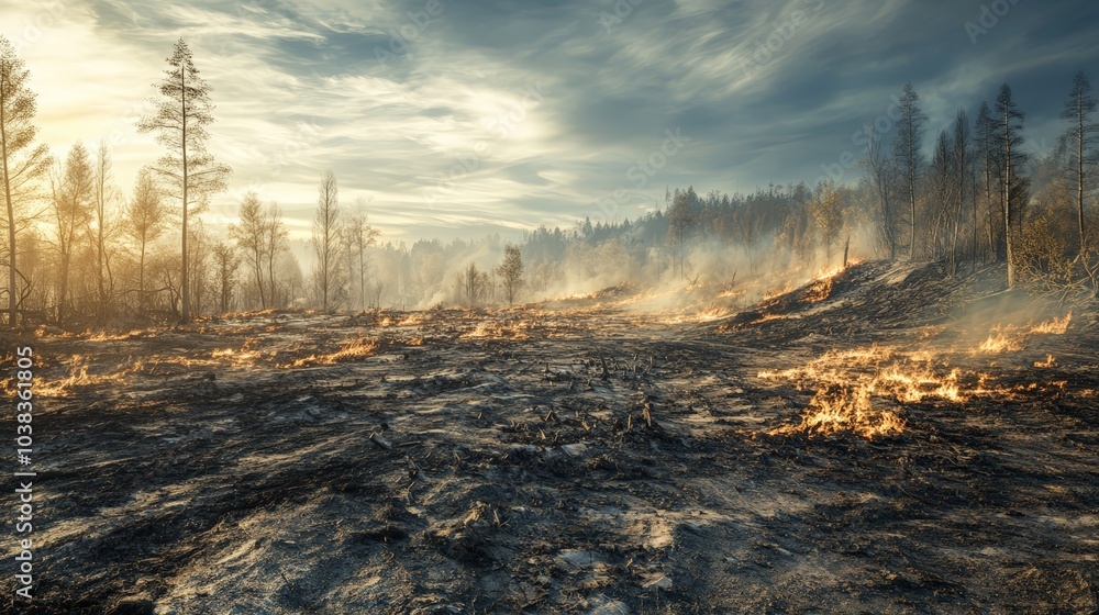 A Landscape Transformed Charred Earth, Smoke, and the Aftermath of a Wildfire, a Visually Stunning Representation of Nature's Power and Resilience A Landscape Transformed Charred Earth, Smoke, and the Aftermath of a Wildfire, a Visually Stunning Representation of Nature's Power and Resilience