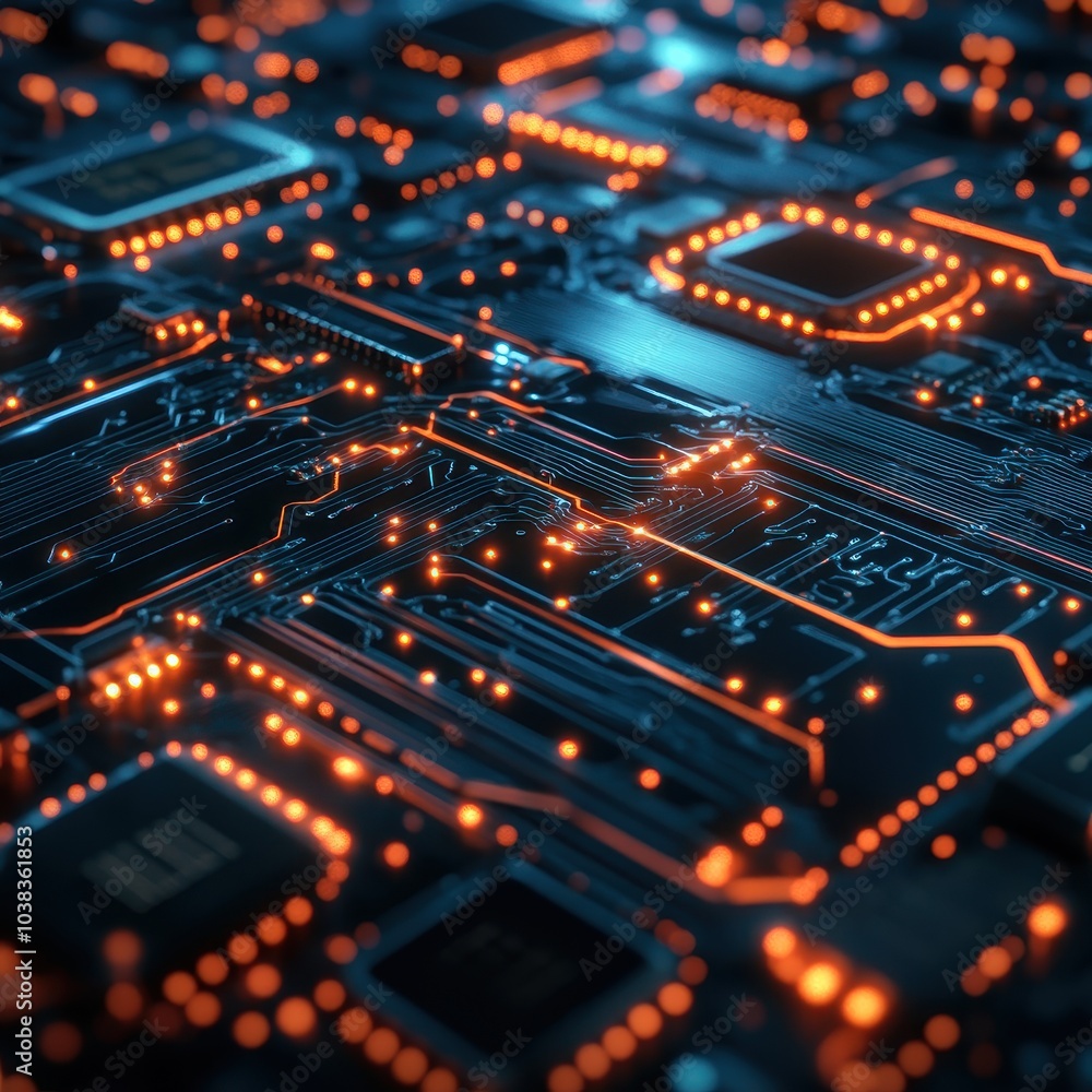 Fototapeta premium Closeup of Illuminated Circuit Board with Orange LEDs - Abstract Technology Background
