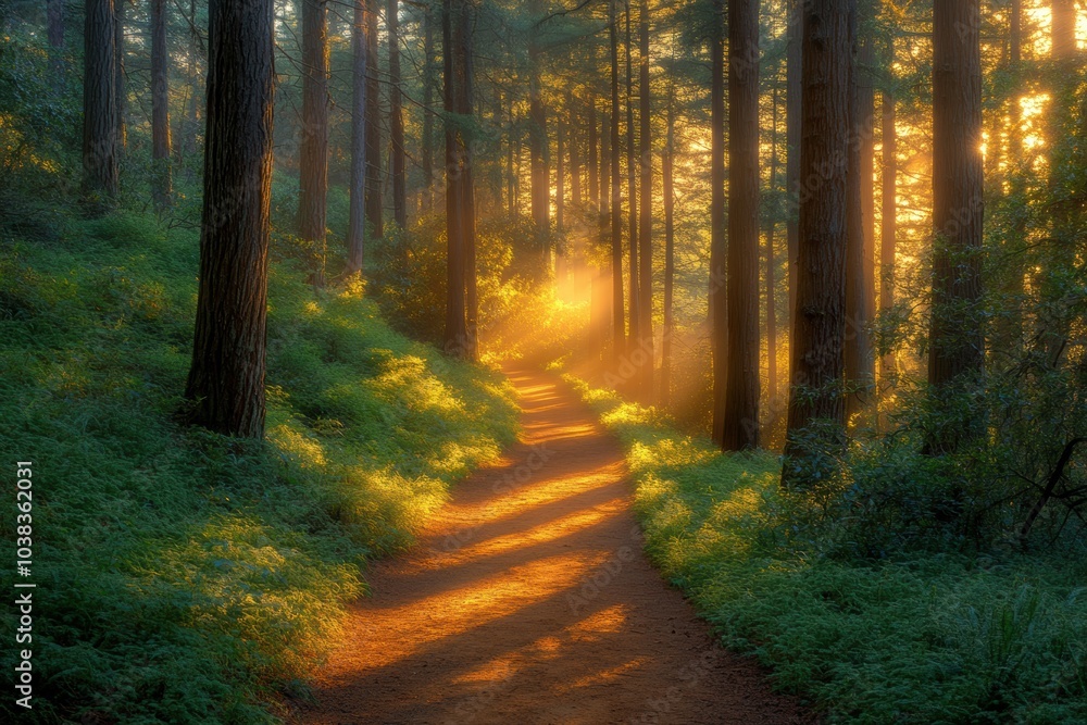 nature trail beauty, misty morning sunlight shines through towering trees onto a golden forest trail covered in crisp foliage nature trail beauty, misty morning sunlight shines through towering trees onto a golden forest trail covered in crisp foliage