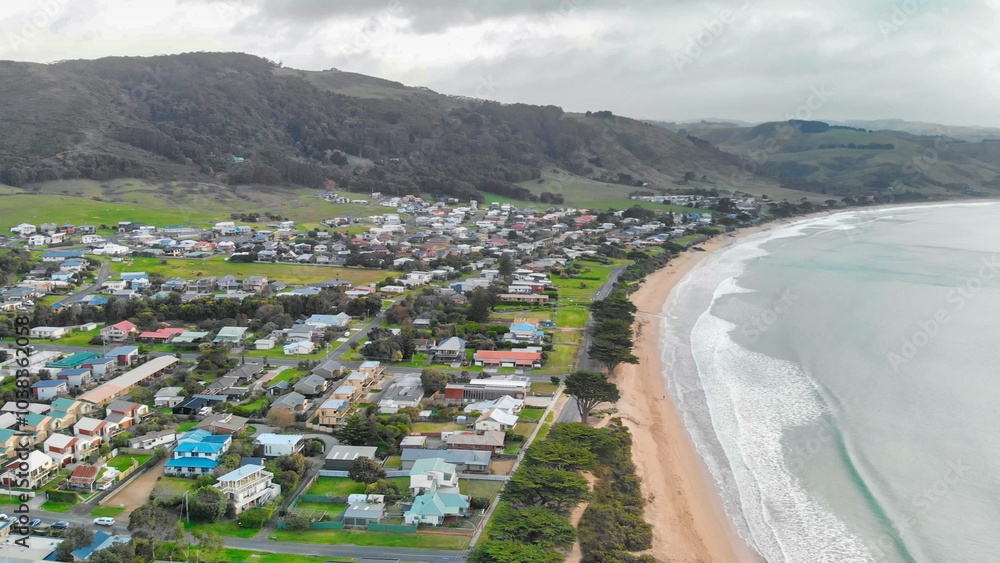 Fototapeta premium Apollo Bay from drone, coastline of the Great Ocean Road, Australia