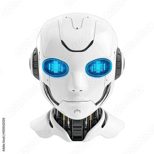 3D vector icon robot head with glowing blue eyes and circuit patterns isolated on a transparent background 