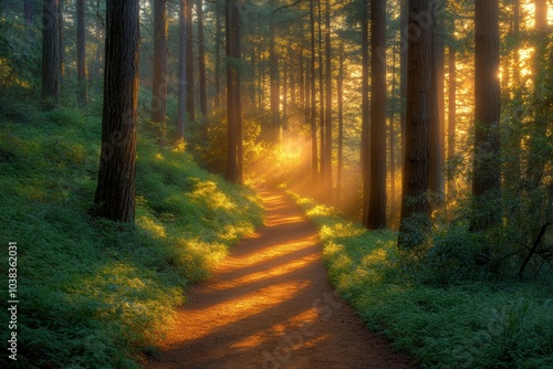 nature trail beauty, misty morning sunlight shines through towering trees onto a golden forest trail covered in crisp foliage