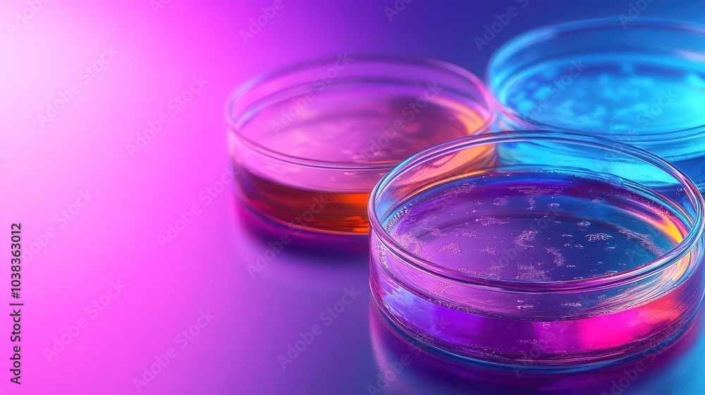 Three petri dishes with different colored gels on a laboratory, medical, biology, or biotechnology background with copy space Three petri dishes with different colored gels on a laboratory, medical, biology, or biotechnology background with copy space