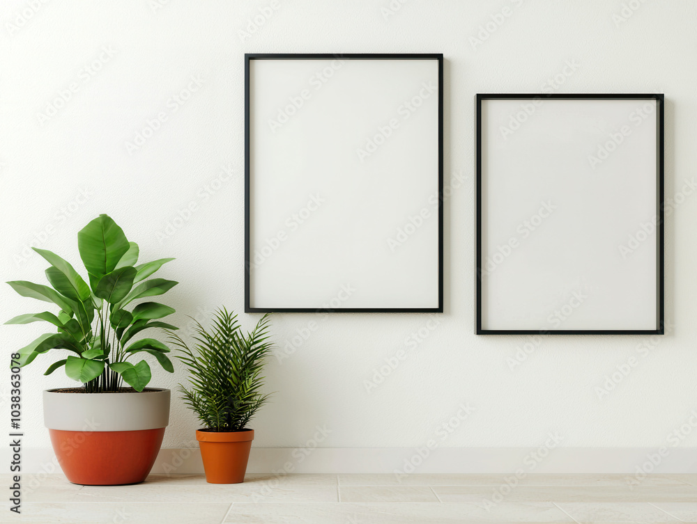 A minimalist interior featuring empty frames on a wall, complemented by decorative potted plants, creating a fresh and modern aesthetic. A minimalist interior featuring empty frames on a wall, complemented by decorative potted plants, creating a fresh and modern aesthetic.