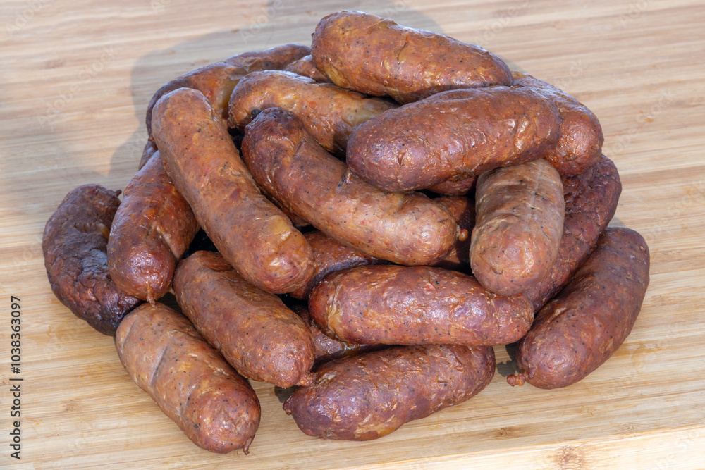 Delicious and Appetizing Homemade Sausages Are Beautifully Piled High on a Wooden Surface Delicious and Appetizing Homemade Sausages Are Beautifully Piled High on a Wooden Surface