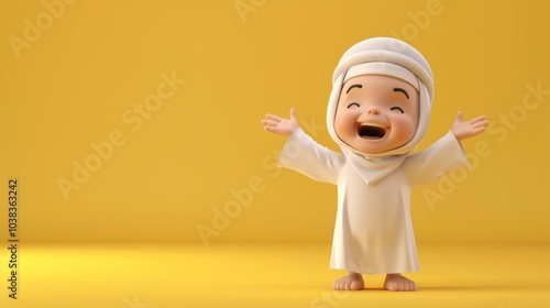 Joyful Cartoon Boy Wearing Traditional White Clothing photo