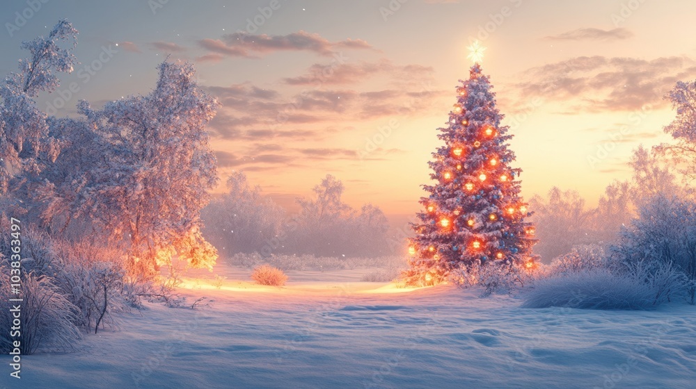 Naklejka premium Christmas tree glowing with lights in a snowy winter landscape at sunset, with snow-covered trees and bushes in the background