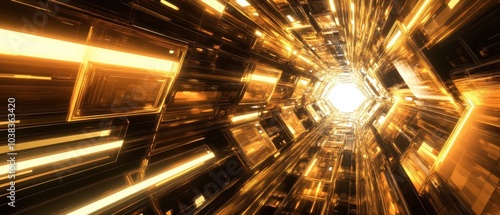 Abstract Golden Tunnel - Futuristic 3D Render of a Glowing Corridor - Technology, Sci-Fi, Modern Architecture