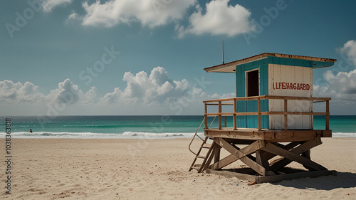 Bright Cuban Beach with Lifeguard Tower on Blue Sky