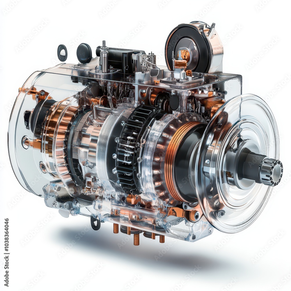 Obraz premium Transparent Cutaway View of a Powerful Electric Motor with Internal Components Visible.