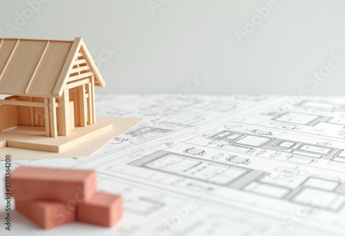 A small wooden model house sits on top of construction plans, with miniature bricks nearby. The image represents architecture, building, and planning for a home.