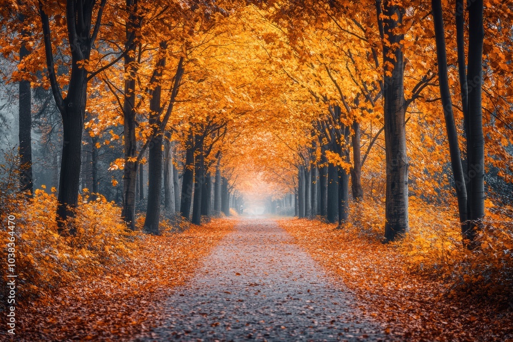 Fototapeta premium autumn pathway, bright leaves forming a golden path beneath a fiery orange and red tree canopy in autumn