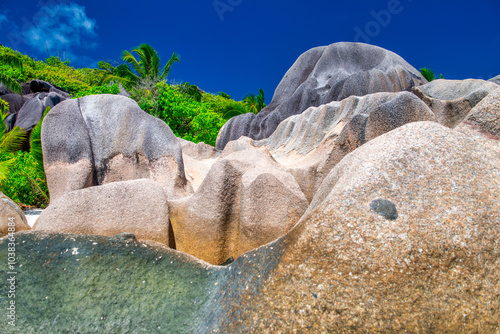 Amazing landscape of La Digue Island in the Seychelles Archipelago