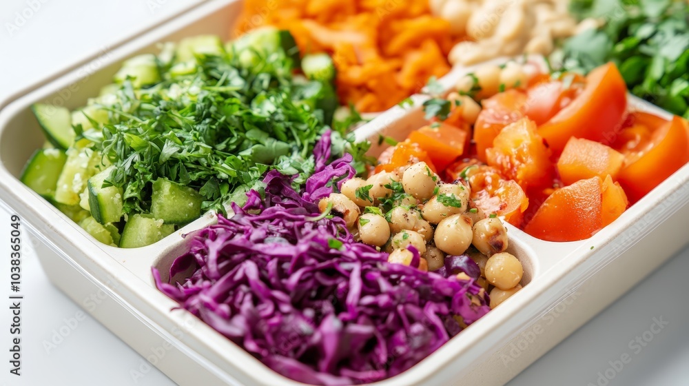 Colorful and Healthy School Lunch Box with Cucumber, Red Cabbage, Tomatoes, Chickpeas, and Parsley Colorful and Healthy School Lunch Box with Cucumber, Red Cabbage, Tomatoes, Chickpeas, and Parsley