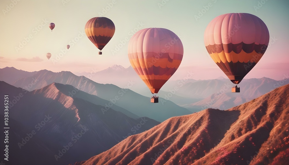 Two colorful hot air balloons floating over a mountainous landscape at sunset Two colorful hot air balloons floating over a mountainous landscape at sunset