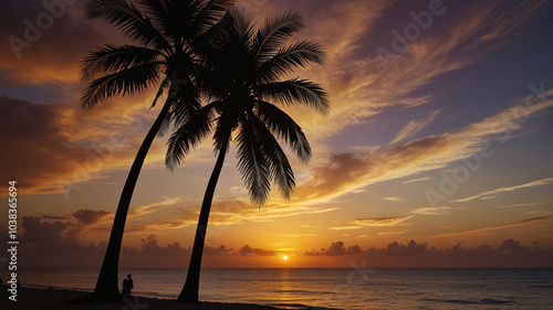 Tropical Sunset Silhouette of Trees on Beach